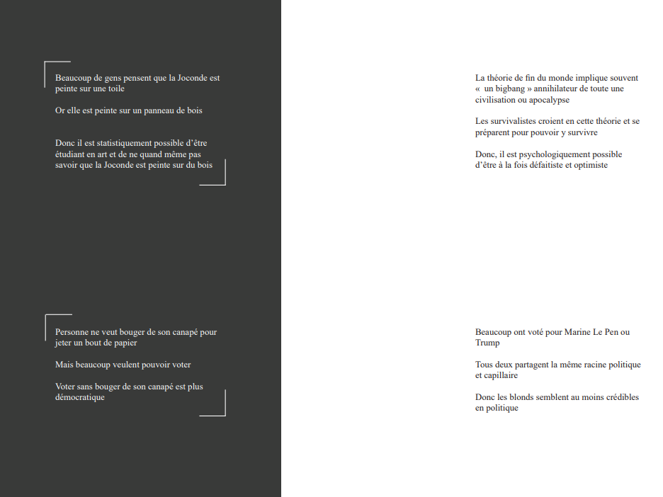 Extraits cités à gauche et extraits avec mise en page de l’édition Syllogismes encombrants pour commentaire déplacé, 2019 Impression jet d’encre couleur sur papier mat blanc 14,8 x 21,0 cm, 5 exemplaires, 21 pages