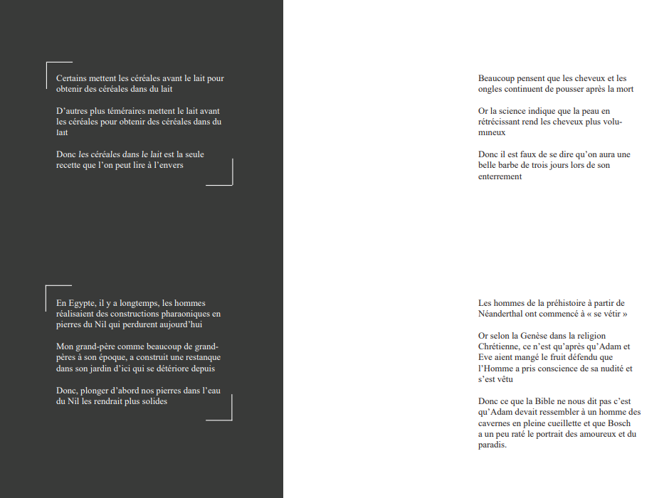 Extraits cités à gauche et extraits avec mise en page de l’édition Syllogismes encombrants pour commentaire déplacé, 2019 Impression jet d’encre couleur sur papier mat blanc 14,8 x 21,0 cm, 5 exemplaires, 21 pages